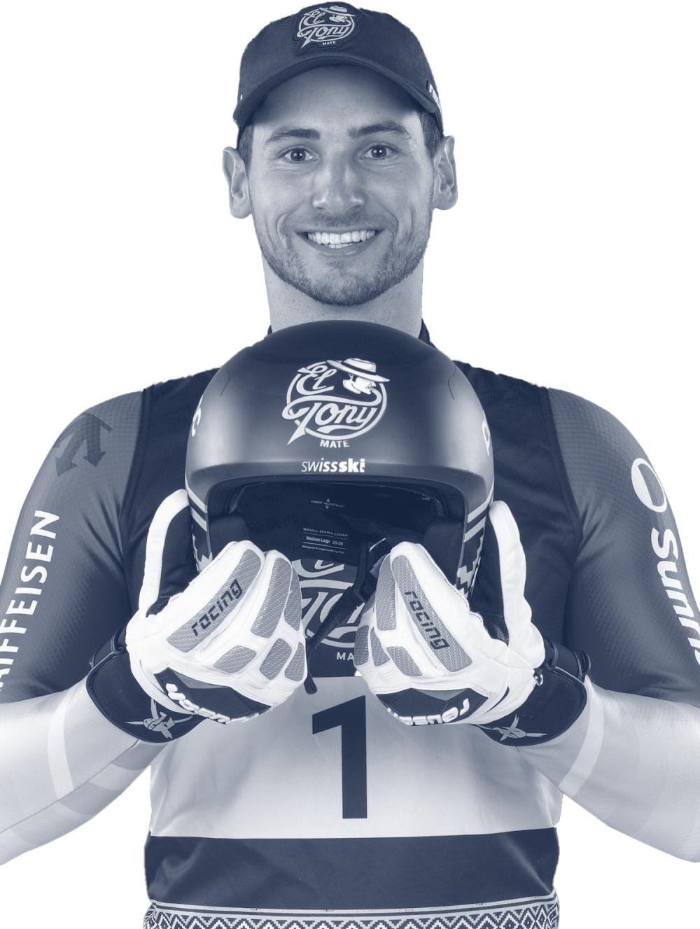 Athlete holding El Tony Mate beverage, wearing a helmet and white jersey.