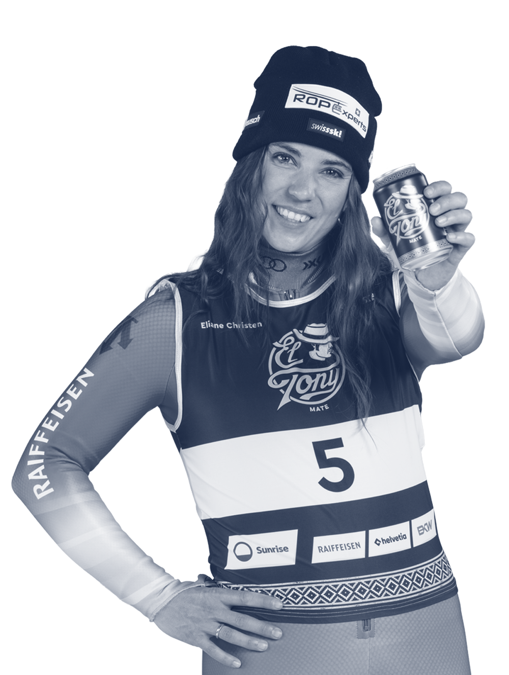 Boisson El Tony Mate avec une skieuse en tenue de sport et bonnet.