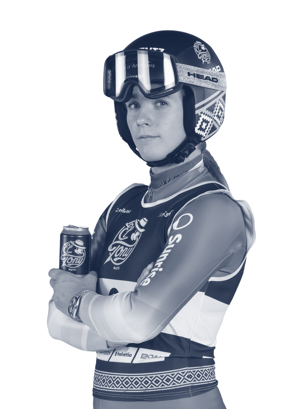 Atleet met El Tony Mate op de skipiste.