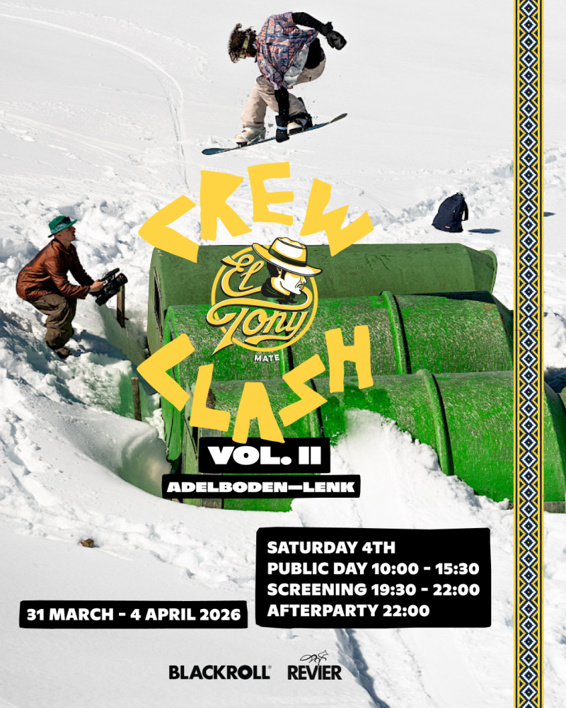 El Tony Mate Crew Clash Vol. II: Event im Schnee mit grünem Equipment, Datum vom 31. März bis 4. April 2026.