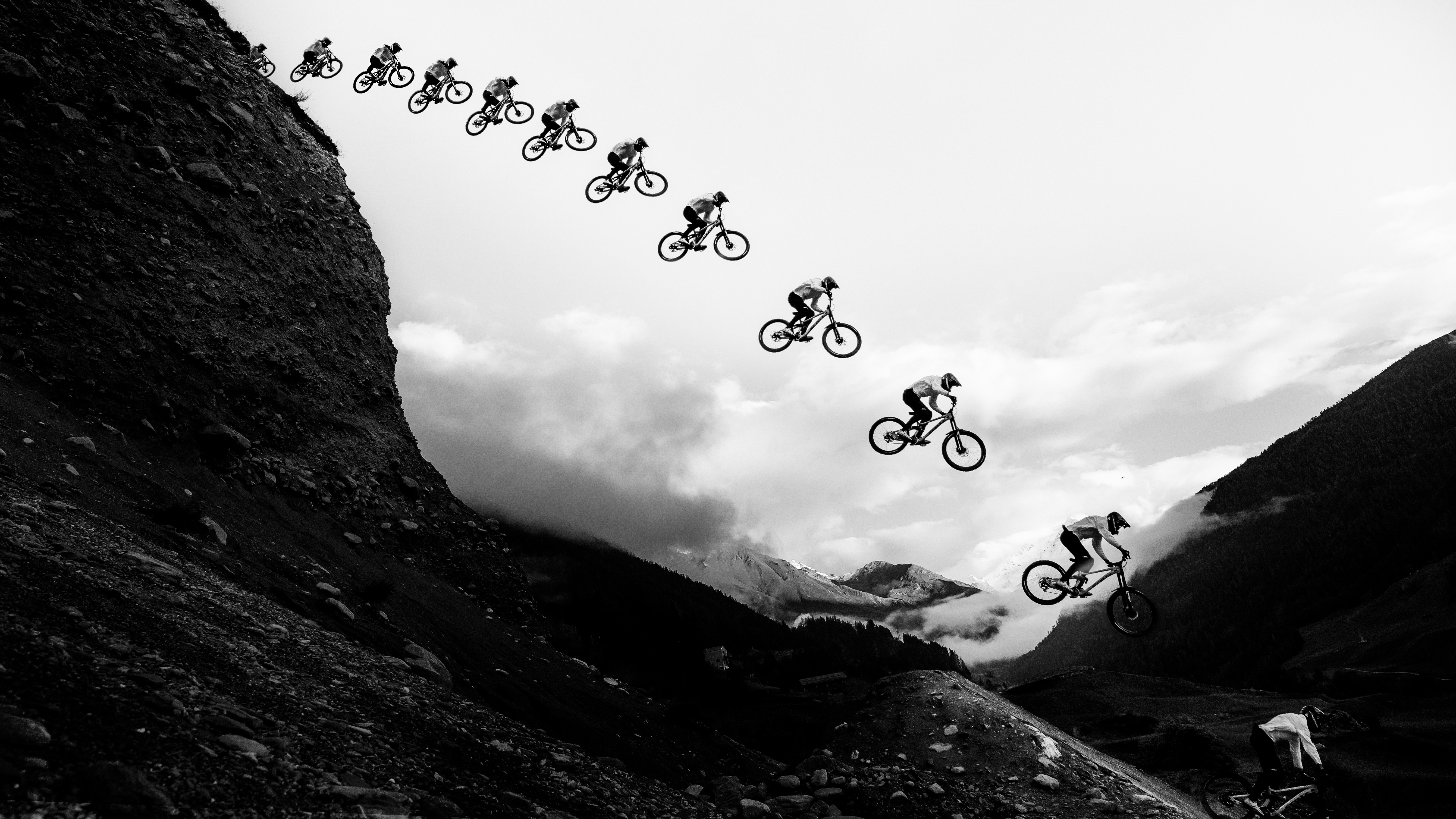 Vinny-T springt 31,3 m in unbekanntes Terrain, beeindruckende Leistung in dramatischer Landschaft.