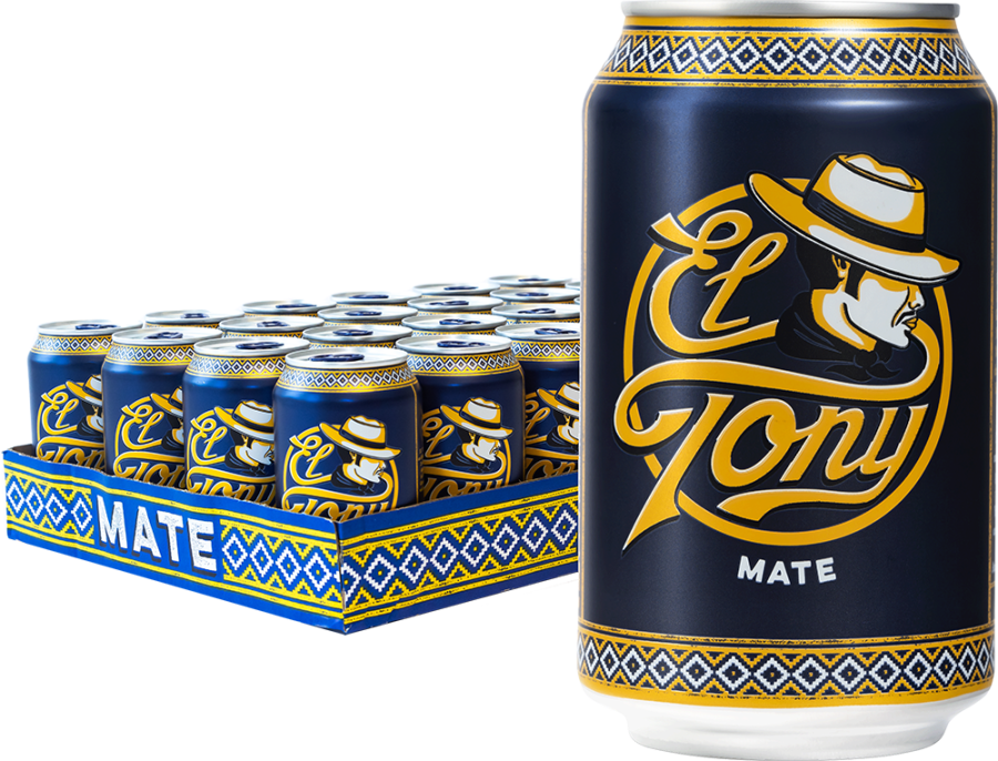 Dose von El Tony Mate mit traditionellem Design und einer Verpackung voller Dosen.
