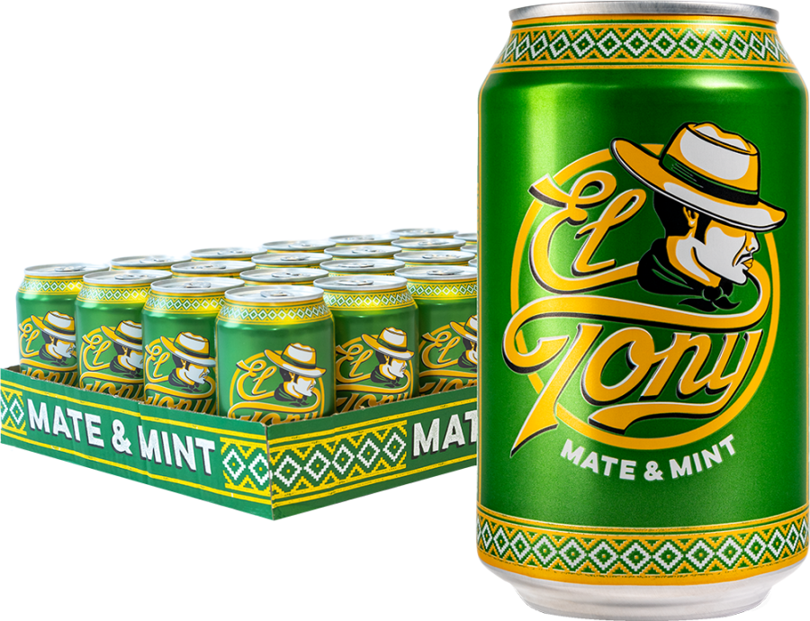 El Tony Mate & Mint Getr&auml;nkedose mit gr&uuml;nem Design und Verpackung.