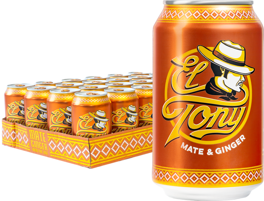 El Tony Mate mit Ingwer in einer orangefarbenen Dose, umgeben von einer Pr&auml;sentationsverpackung.