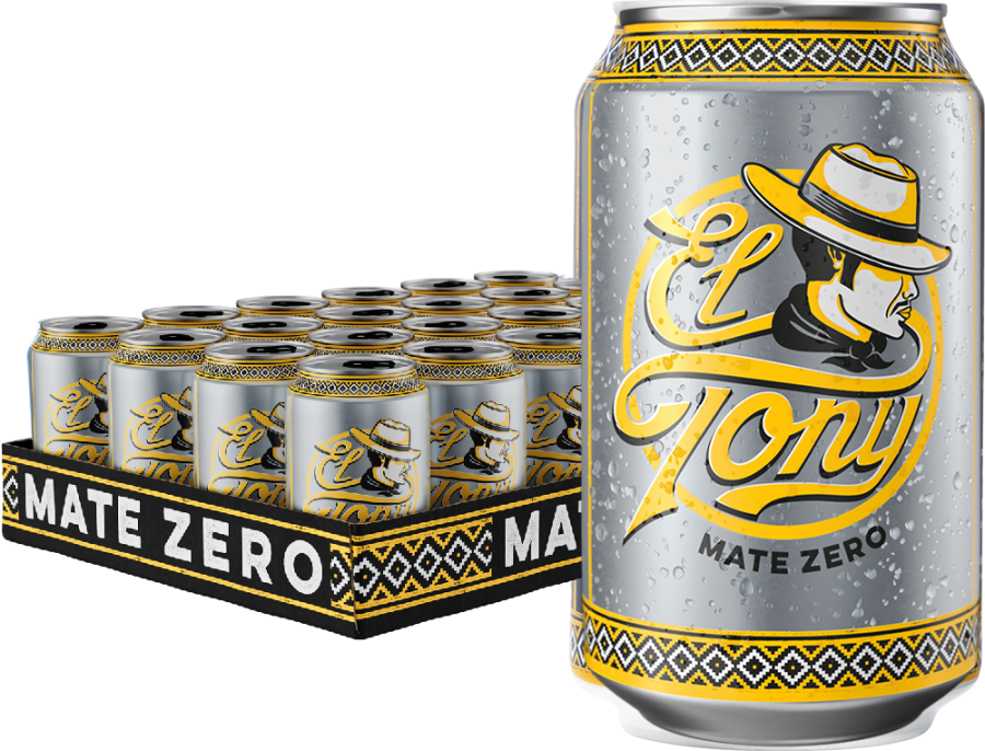 El Tony Mate Zero Dose mit tropfender Oberfl&auml;che und stilvollem Design.