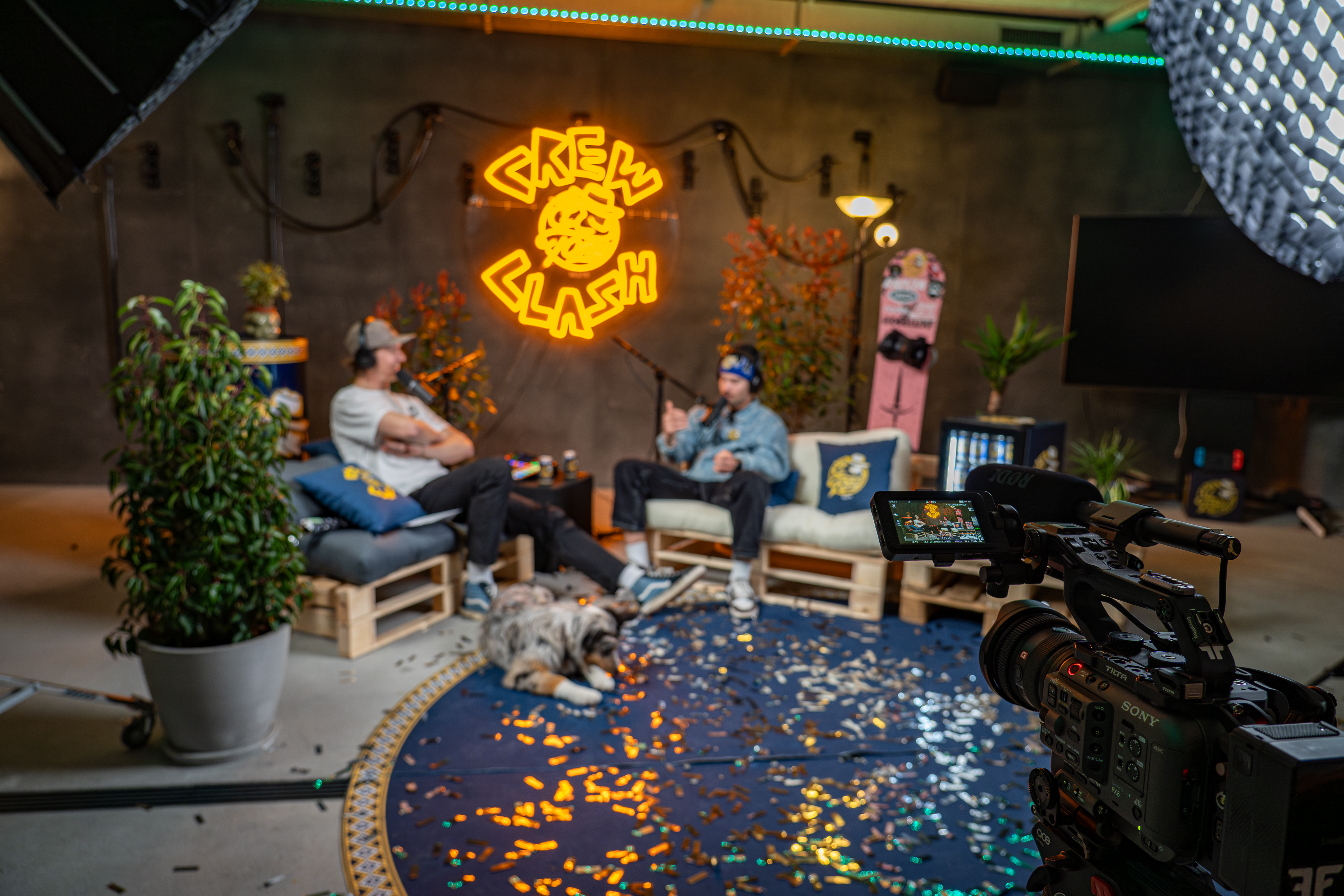 Deux hommes discutent dans un studio confortable avec des plantes et des lumi&egrave;res n&eacute;on.