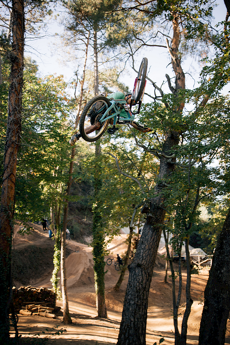 Un cycliste de montagne saute par-dessus une bûche dans les bois, entouré d'arbres et d'un parc de dirt.